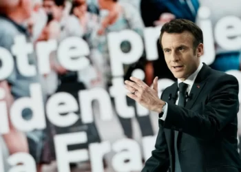 French President Emmanuel Macron at a press conference in Aubervilliers, north of Paris, on March 17, 2022. © Thibault Camus, AP