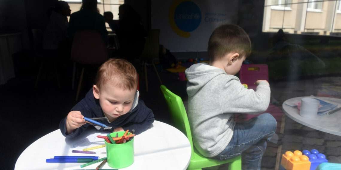 Displaced Children Play to Forget War in Western Ukraine 1 Russia's invasion of Ukraine has forced at least two thirds of the country's 7.5 million children to flee their homes