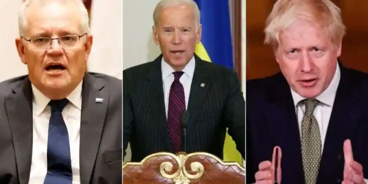 From left to right: Australian Prime Minister, Scott Morrison, US President, Joe Biden and British Prime Minister, Boris Johnson