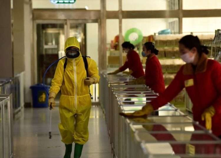 North Korea: Over a Million Covid Cases Feared 1 Employees spray disinfectant and wipe surfaces in North Korea's capital, Pyongyang