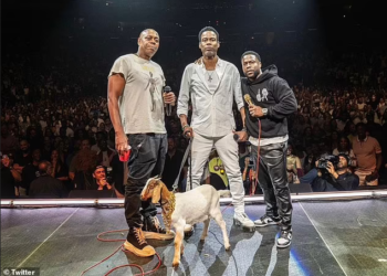 Kevin Hart gifts comedian Chris Rock a GOAT called 'Will Smith' live on stage 4 An image of Kevin Hart, Chris Rock and Dave Chappelle