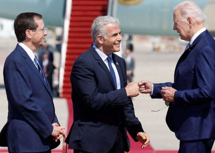 Biden Arrives in Israel Ahead of Saudi Arabia Trip 1 Joe Biden was greeted by Israel's President Isaac Herzog (L) and Prime Minister Yair Lapid (C)