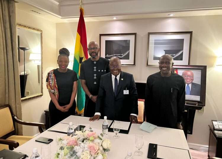 MTN Delegation Meets Ghana’s President Akufo-Addo 1 Chief Sustainability and Corporate Affairs Officer, Nompilo Morafo, MTN Group CEO, Ralph Mupita, President Akufo Addo, Snr Vice President for Markets, Ebenezer Asante