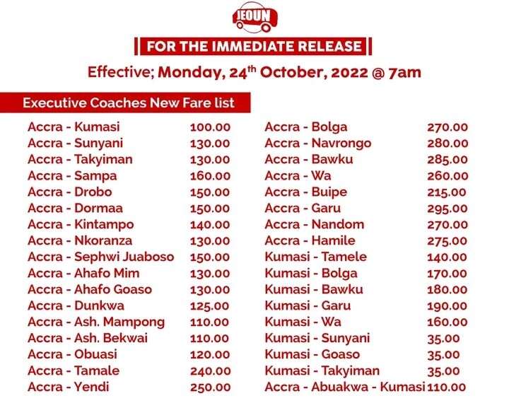 VIP JEOUN Announces New Transport Fares Effective today.
