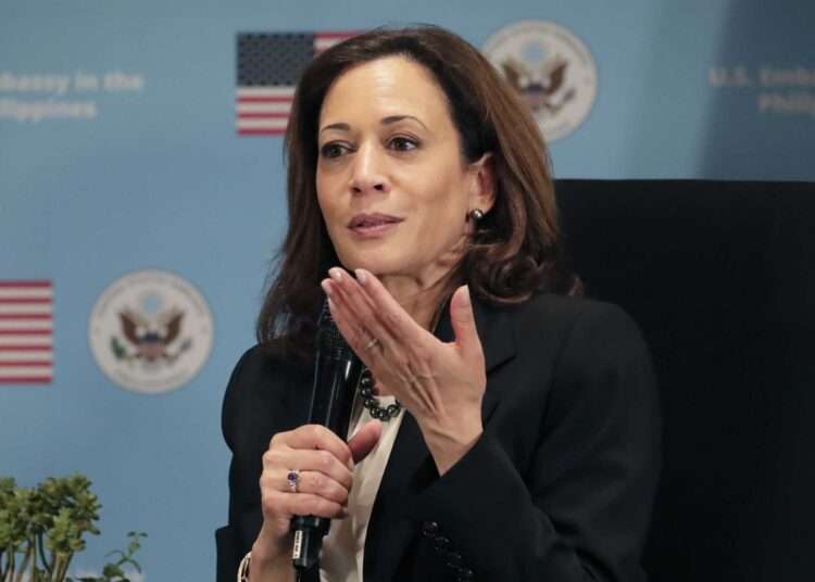 <strong>Kamala Harris flies to Philippine island near disputed sea</strong> 1 U.S. Vice President Kamala Harris speaks during a female empowerment forum in Manila, Philippines