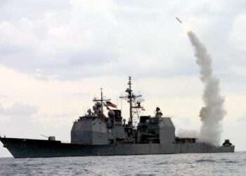 A Tomahawk Land Attack Missile (TLAM) launches from the guided missile cruiser USS Cape St. George (CG 71), in operation in the Mediterranean Sea, on March 23, 2003.