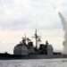 A Tomahawk Land Attack Missile (TLAM) launches from the guided missile cruiser USS Cape St. George (CG 71), in operation in the Mediterranean Sea, on March 23, 2003.