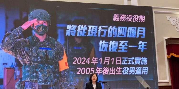 Taiwanese President Tsai Ing-wen speaks during an announcement of the extension of the island's compulsory military service in Taipei, Taiwan on Tuesday, Dec. 27, 2022.