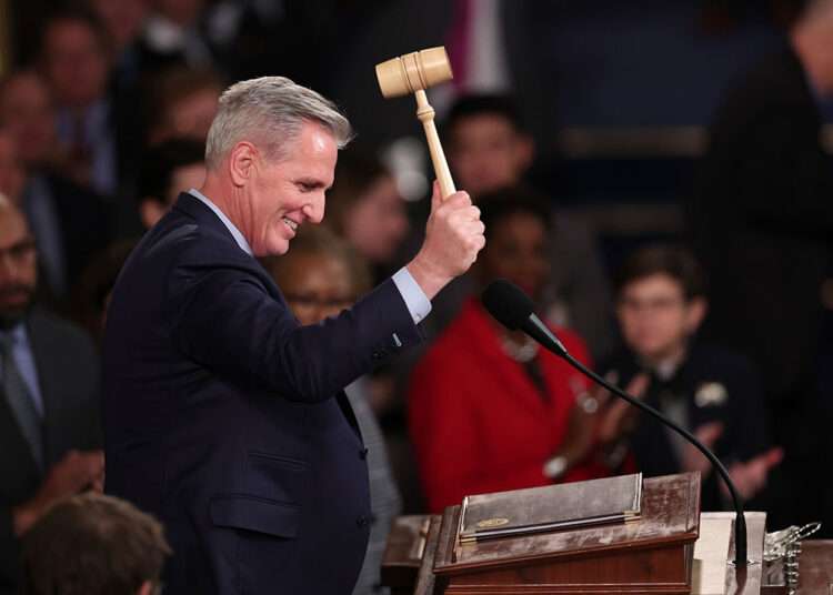 Speaker of the House Kevin McCarthy (R-CA) celebrates with the gavel after being elected in the House Chamber at the U.S. Capitol Building on January 07, 2023