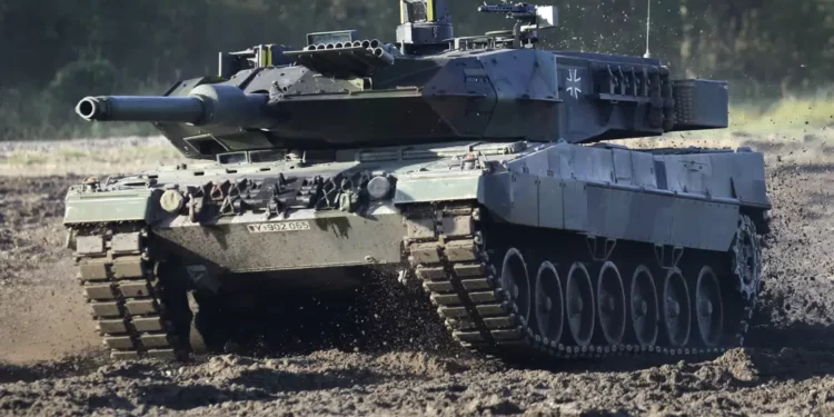 A Leopard 2 tank is pictured during a demonstration event held for the media by the German Bundeswehr in Munster near Hannover, Germany
