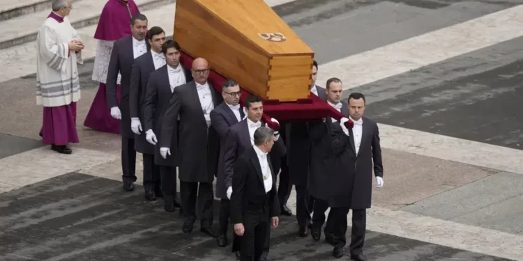 <strong>Thousands Arrive At St. Peter’s Square For Benedict XVI’s Funeral</strong> 1 The coffin of late Pope Emeritus Benedict XVI is brought to St. Peter's Square for a funeral mass at the Vatican, Thursday, Jan. 5, 2023