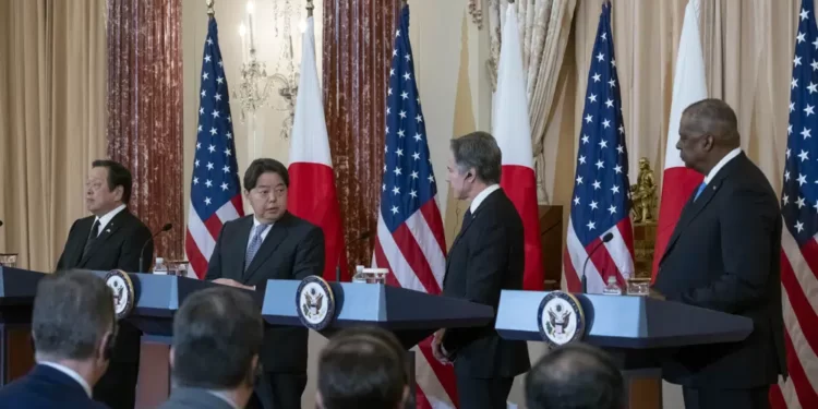 Japanese Defense Minister Yasukazu Hamada, Japanese Foreign Minister Hayashi Yoshimasa, Secretary of State Antony Blinken, and Secretary of Defense Lloyd Austin, speak during a news conference