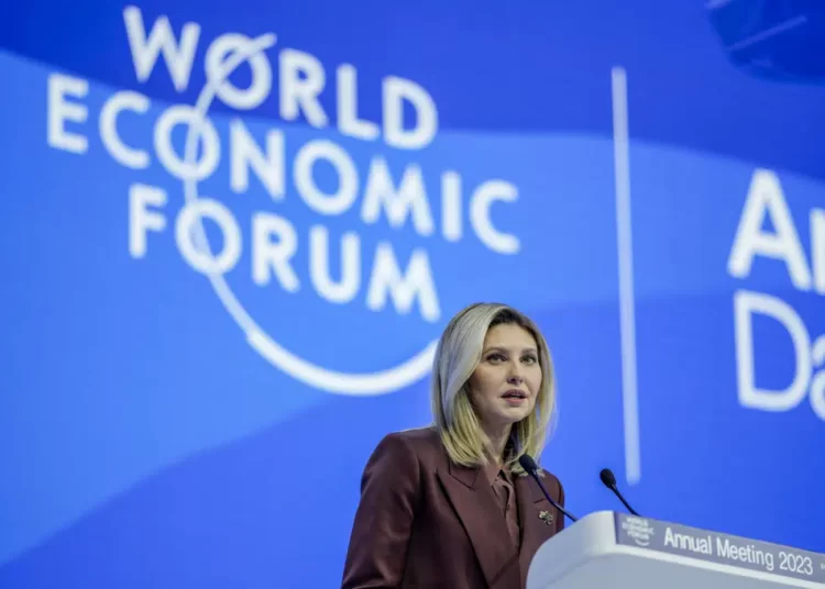 First Lady of Ukraine, Olena Zelenska delivers a speech at the World Economic Forum in Davos, Switzerland Tuesday, Jan. 17, 2023.