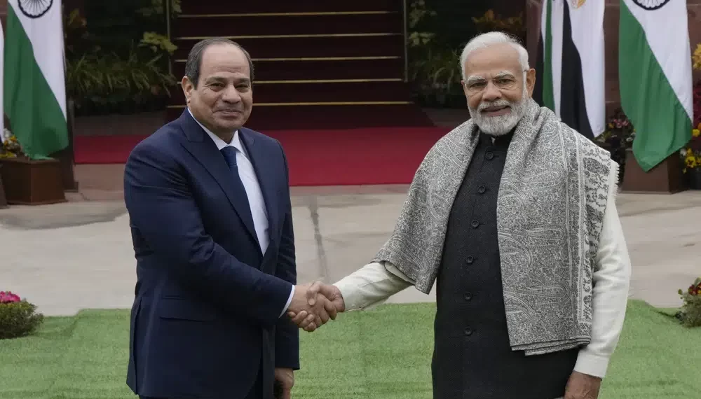 Indian Prime Minister Narendra Modi, right, shakes hand with Egyptian President Abdel Fattah El-Sisi before the start of their meeting in New Delhi, India, Wednesday, Jan. 25, 2023