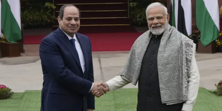 Indian Prime Minister Narendra Modi, right, shakes hand with Egyptian President Abdel Fattah El-Sisi before the start of their meeting in New Delhi, India, Wednesday, Jan. 25, 2023