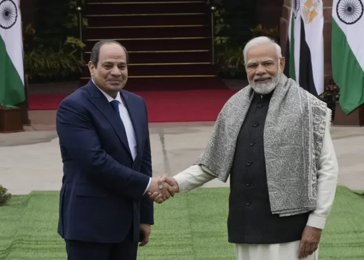 Indian Prime Minister Narendra Modi, right, shakes hand with Egyptian President Abdel Fattah El-Sisi before the start of their meeting in New Delhi, India, Wednesday, Jan. 25, 2023