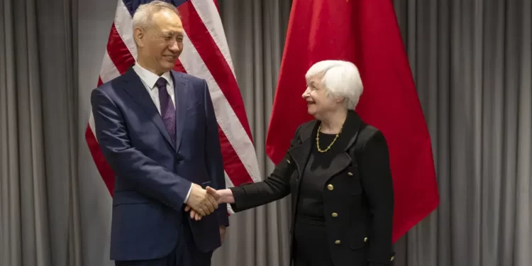 US Treasury Secretary Holds Meeting With Chinese Vice Premier Liu He 1 Treasury Secretary Janet Yellen, right, shakes hands with China's Vice-Premier Liu He during a bilateral meeting in Zurich, Switzerland