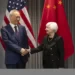 Treasury Secretary Janet Yellen, right, shakes hands with China's Vice-Premier Liu He during a bilateral meeting in Zurich, Switzerland