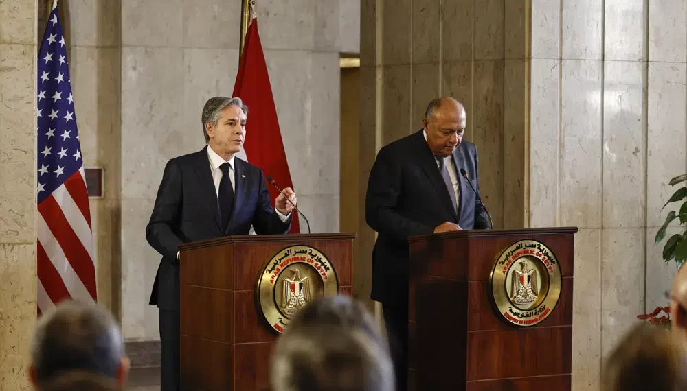 U.S. Secretary of State Antony Blinken, left, and Egyptian Foreign Minister Sameh Shoukry hold a press conference in Cairo, Egypt, Monday Jan. 30, 2023