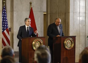 U.S. Secretary of State Antony Blinken, left, and Egyptian Foreign Minister Sameh Shoukry hold a press conference in Cairo, Egypt, Monday Jan. 30, 2023