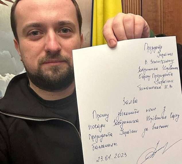 <strong>Top Ukrainian Officials Resign</strong> 1 Kyrylo Tymoshenko holds up a note as he tenders his resignation, asking President Volodymyr Zelenskyy to relieve him of his duties, in this picture taken at an unknown location and released on social media on Jan. 24, 2023