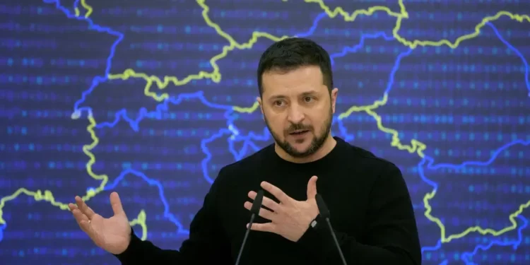 Ukrainian President Volodymyr Zelenskyy addresses a media conference after the EU-Ukraine summit in Kyiv, Ukraine, Friday, Feb. 3, 2023.