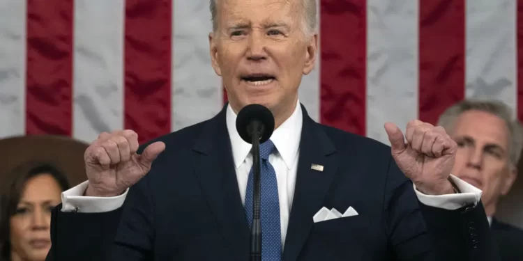 President Joe Biden delivers the State of the Union address to a joint session of Congress at the U.S. Capitol, Tuesday, Feb. 7, 2023, in Washington, as Vice President Kamala Harris and House Speaker Kevin McCarthy of Calif., listen.