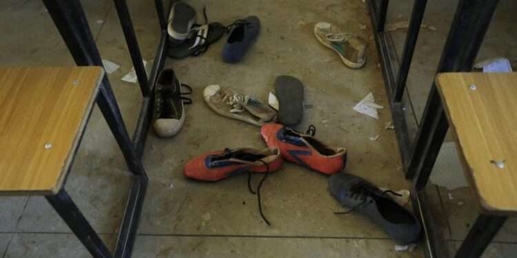 Shoes of the kidnapped students from Government Science Secondary School are seen inside their class room Kankara, Nigeria, Wednesday, Dec. 16, 2020.