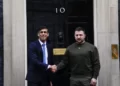 Britain's Prime Minister Rishi Sunak, left, welcomes Ukraine's President Volodymyr Zelenskyy at Downing Street in London, Wednesday, Feb. 8, 2023.