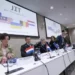Digna van Boetzelaer, the Netherlands, Andy Kraag, the Netherlands, David McLean, Australia, Asha Hoe Soo Lian, Malaysia, Eric van der Sypt, Belgium, and Oleksandr Bannyk, Ukraine, take their seats for the Joint Investigation Team (JIT) news conference in The Hague, Netherlands, Wednesday, Feb. 8, 2023