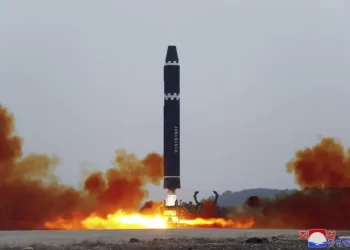 This photo provided by the North Korean government, shows what it says a test launch of a Hwasong-15 intercontinental ballistic missile at Pyongyang International Airport in Pyongyang, North Korea Saturday, Feb. 18, 2023