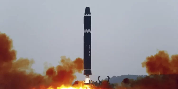 This photo provided by the North Korean government, shows what it says a test launch of a Hwasong-15 intercontinental ballistic missile at Pyongyang International Airport in Pyongyang, North Korea Saturday, Feb. 18, 2023