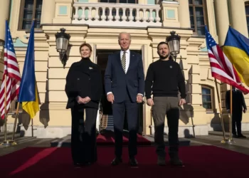 President Joe Biden, center, poses with Ukrainian President Volodymyr Zelenskyy, right, and Olena Zelenska, left, spouse of President Zelenskyy, at Mariinsky Palace during an unannounced visit in Kyiv, Ukraine, Monday, Feb. 20, 2023.