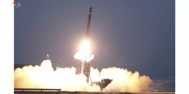 This image made from video broadcasted by North Korea's KRT shows what it says is a ballistic missile being launched from an undisclosed location in North Korea, Monday, Feb. 20, 2023.