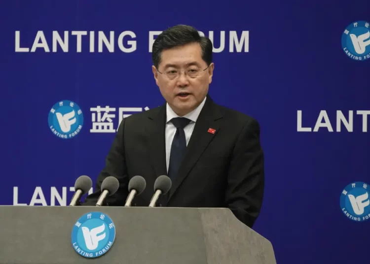 Chinese Foreign Minister Qin Gang delivers a speech during the Lanting Forum on the Global Security Initiative: China's Proposal for Solving Security Challenges held at the Ministry of Foreign Affairs office in Beijing, Tuesday, Feb. 21, 2023.