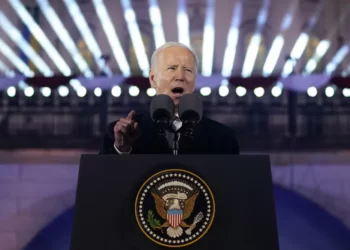 President Joe Biden delivers a speech on Tuesday, Feb. 21, 2023, at the Royal Castle Gardens in Warsaw.