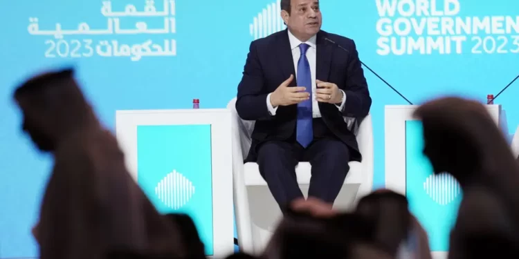 Egyptian President Abdel Fattah el-Sissi talks during the World Government Summit opening day in Dubai, United Arab Emirates, Monday, Feb 13, 2023.