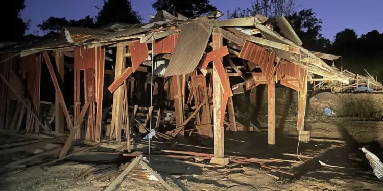 This photo provided by the Free Burma Rangers shows remains of a destroyed village school in Lay Wah, one of the villages in Karen state's Mutraw district, Myanmar