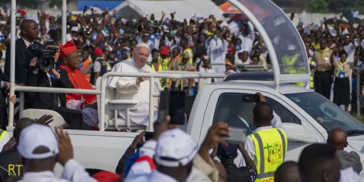 Pope Francis arrives at Ndolo airport to celebrate Holy Mass, in Kinshasa, Congo