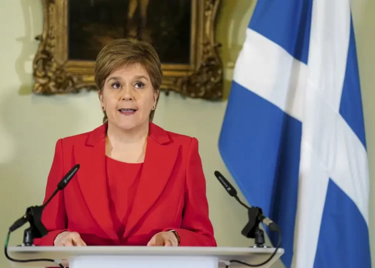 Nicola Sturgeon speaks during a press conference at Bute House in Edinburgh, Wednesday, Feb. 15 2023.