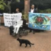 Protesters hold banners outside the World Court in The Hague, Netherlands, on Sept. 3, 2018, where judges listen to arguments in a case on whether Britain illegally maintains sovereignty over the Chagos Islands.