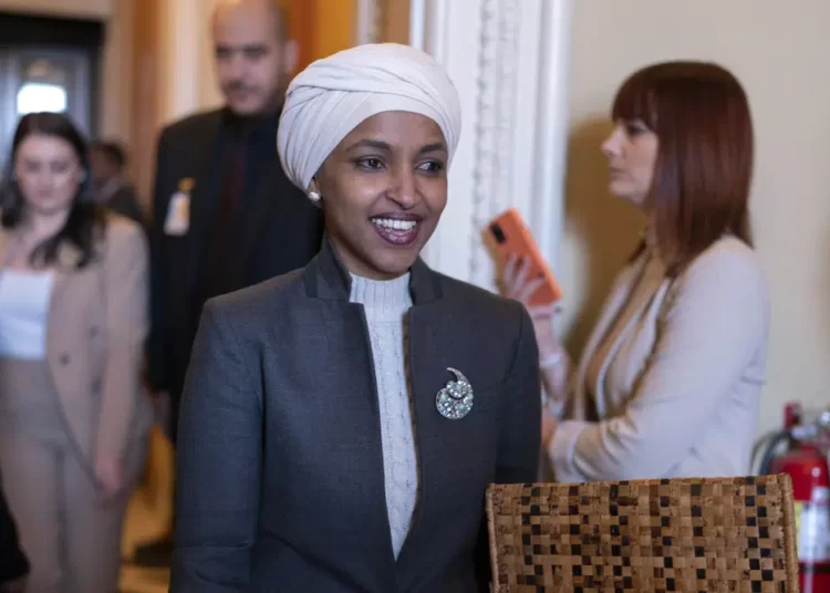 Rep. Ilhan Omar, D-Minn., leaves the House chamber at the Capitol in Washington