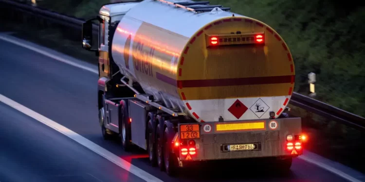 A fuel trucks drives along a highway in Frankfurt, Germany
