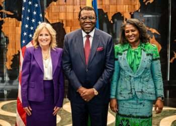 Namibian President Hage Geingob (C), Namibia's First Lady Monica Geingos (R) and US First Lady Jill Biden (L) pose for a photo at the State House in Windhoek on February 22, 2023.