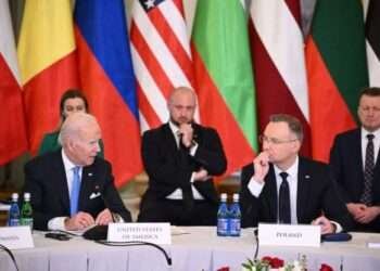 Polish President Andrzej Duda (right) sits next to US President Joe Biden