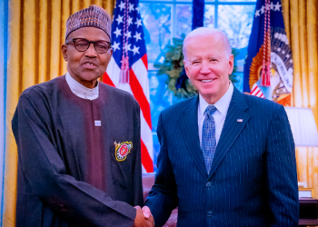 In this file photo, President Muhammadu Buhari shakes hands with U.S. President Joe Biden at the White House on the sidelines of the US-Africa Leaders Summit on December 14, 2022.