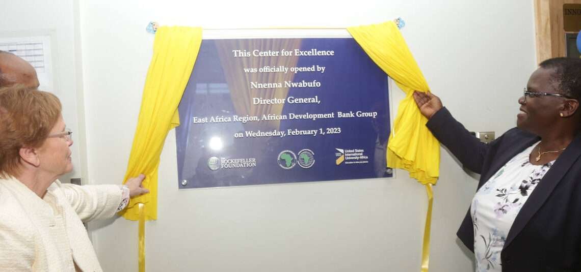 From left to right: Mukhtar Abdi Ogle, Office of the President of Kenya; United States International University-Africa Vice Chancellor, Margie Ensign and Hendrina Doroba, Education Division Manager with the AfDB unveiling the Coding for Employment Program Centre of Excellence plaque.