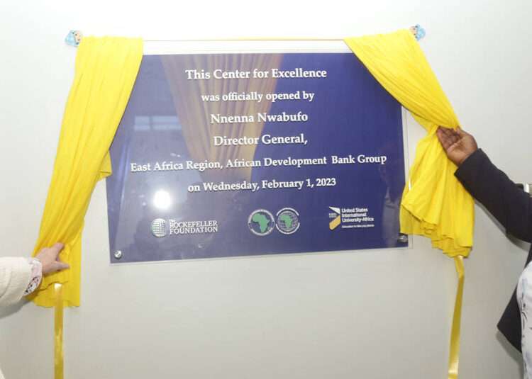 From left to right: Mukhtar Abdi Ogle, Office of the President of Kenya; United States International University-Africa Vice Chancellor, Margie Ensign and Hendrina Doroba, Education Division Manager with the AfDB unveiling the Coding for Employment Program Centre of Excellence plaque.