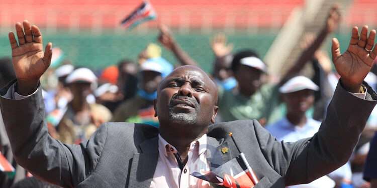 Faithful praying during National Prayer Day at Nyayo National Stadium, Nairobi on February 14, 2023