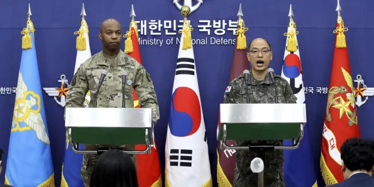 South Korea, US To Proceed With Drills Despite North Korea’s Threat 1 Col. Isaac Taylor, left, of the United Nations Command (UNC), Combined Forces Command (CFC), and United States Forces Korea (USFK) and Col. Lee Sung-jun of South Korea's Joint Chiefs of Staff attend the press briefing of the Freedom Shield Exercise at the Defense Ministry Friday, March 3, 2023 in Seoul, South Korea.